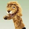 A lion puppet with long hair and a mouth.
