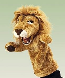A lion puppet with long hair and a mouth.