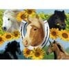 A horse head with sunflowers around it