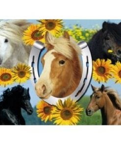 A horse head with sunflowers around it
