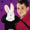 A boy holding a rabbit puppet in his hand.