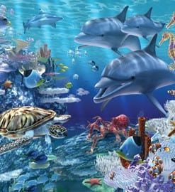 A painting of dolphins, fish and other animals in the ocean.