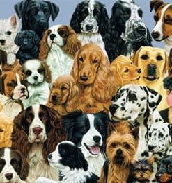 A collage of different dogs is shown.