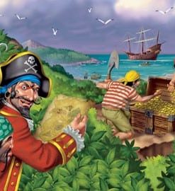 A pirate and his crew are in the jungle.