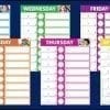 A set of seven different colored weekly calendars.