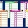 A set of seven different colored weekly calendars.