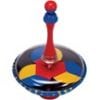 A spinning top with a red handle and colorful designs.