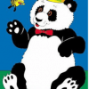 A panda bear with a bee on its head.