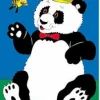 A panda bear with a bee on its head.
