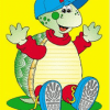 A cartoon turtle wearing a hat and sitting on the ground.