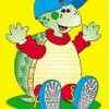 A cartoon turtle wearing a hat and sitting on the ground.
