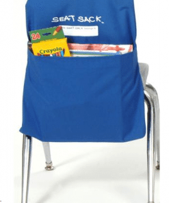 A blue seat sack with some books in it