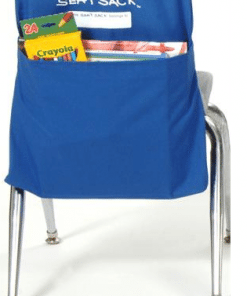 A blue bag is on the back of a chair.