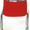 A red chair with a bag of books in it.