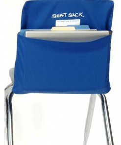 A chair with a blue bag on it