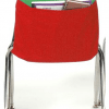 A red chair with a pocket on the back of it