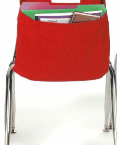 A red chair with a pocket on the back of it