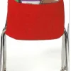 A red chair with a bag on the back of it
