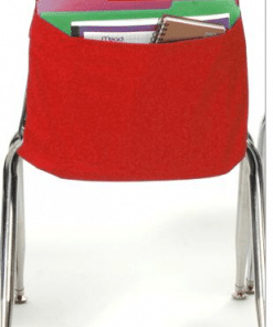 A red chair with a bag on the back of it