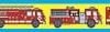 A fire truck with people on it and a yellow background