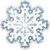A blue and white snowflake with colored dots.