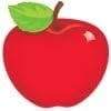 A red apple with green leaf on it.