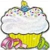 A cupcake with a candle and confetti around it.
