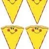A set of four slices of pizza with faces drawn on them.