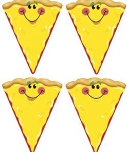 A set of four slices of pizza with faces drawn on them.