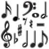 A set of musical notes and symbols in black and white.