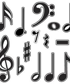 A set of musical notes and symbols in black and white.