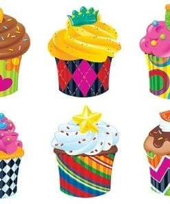 Six different cupcakes with various designs on them.