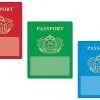 Three different colored passports are shown in a row.