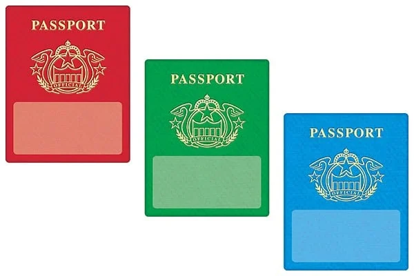 Three different colored passports are shown in a row.