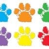 A set of six different colored paw prints.