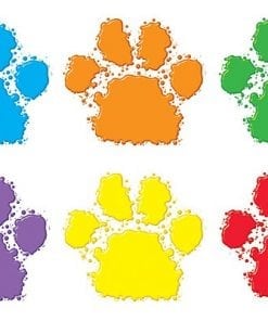 A set of six different colored paw prints.
