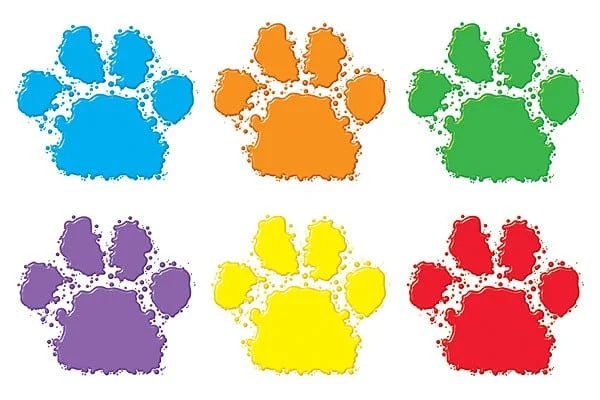 A set of six different colored paw prints.