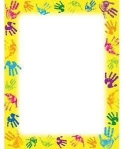 A yellow frame with colorful handprints on it.