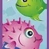 A pink and green fish are in the water.