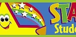 A colorful banner with stars and the word " super ".