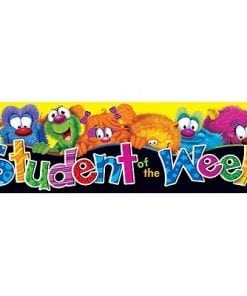A banner with different colored cartoon characters and the words " student of the week ".