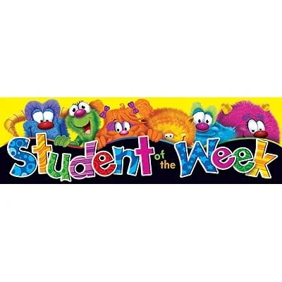 A banner with different colored cartoon characters and the words " student of the week ".