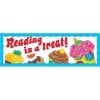 A reading is a treat banner with various food images.