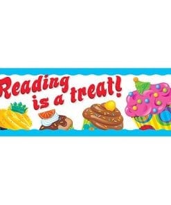 A reading is a treat banner with various food images.