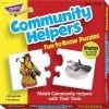 A box of matching puzzle pieces with the words " community helpers fun to know puzzles ".