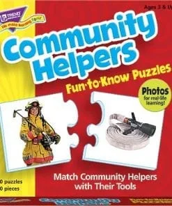 A box of matching puzzle pieces with the words " community helpers fun to know puzzles ".
