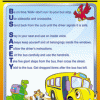 A bus safety poster with cartoon characters and a yellow school bus.