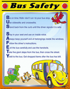 A bus safety poster with cartoon characters and a yellow school bus.