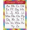 A manuscript alphabet poster with rainbow background