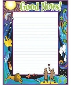 A good news sign with two people and a dog.